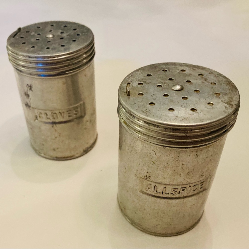 Vintage metal ( tin ) spice containers with perforated screw on lids